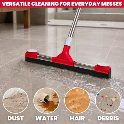 Floor Squeegee Scrubber with Extendable 62" Long Handle | 17.3" EVA Foam Blade, Reinforced Steel Frame for Garage, Concrete, Tile, Patio, Pool, Shower & Uneven Surface Cleaning