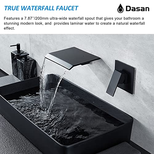 DASAN Wall Mount Waterfall Bathroom Faucet Matte Black in Wall Sink Faucet, Single Handle Wall Mounted Modern Faucet for Bathroom with Upgraded Rough in Valve - color: Matte Black