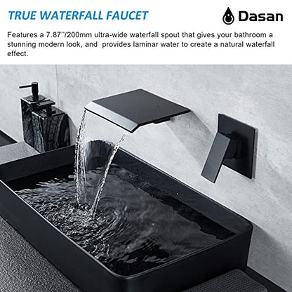 DASAN Wall Mount Waterfall Bathroom Faucet Matte Black in Wall Sink Faucet, Single Handle Wall Mounted Modern Faucet for Bathroom with Upgraded Rough in Valve - color: Matte Black