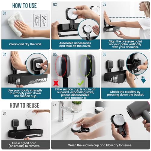 TAILI Shower Caddy Suction Cup Rustproof Metal Shower Shelves Black 2pack | Rustproof,No Drilling Wall Mounted Basket, Upgraded Removable Suction Cup Bathroom Organizer Heavy Duty Shampoo - color: Black 2pack