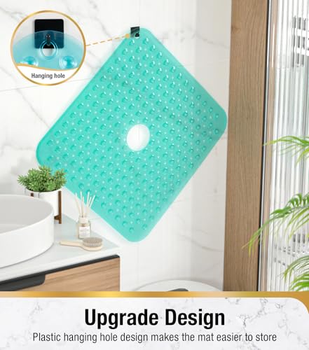 HITSLAM Square Shower Mat, Non Slip PVC Stall Mat, 24"x24", Green | Power Grip Suction Cups, Center Drain Hole, Built-In Hanging Holes, Machine Washable Bathroom Floor Mat, Soft On Feet - color: Mint Green