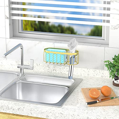 2-in-1 Sponge Holder for Kitchen Sink, Sink Caddy Kitchen Sink Organizer with 3 Suction Cups, No Drill Rustproof Sink Sponge Holder for Dish Brush, Soap & Sponge (Gold) - color: A Style-Gold