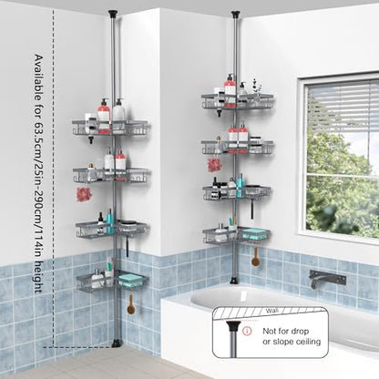KEGII Shower Caddy Tension Pole, Bathtub Organizer, Light Gray | Adjustable 25-114.2 inch Pole with 28 Hooks, Rustproof Storage Solution for Renters and Modern Bathrooms - color: Light Gray