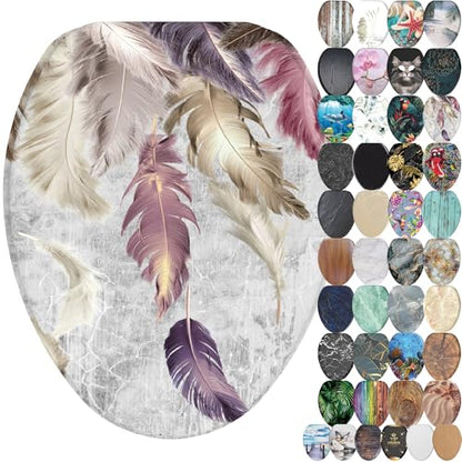 SANILO Wooden Toilet Seat with Soft Close [ELONGATED] - Decorative, Quiet & Slow Close Molded Wood Seat - With Strong Bumpers & Hinges - Adjustable Fit - Feathers - color: Feathers