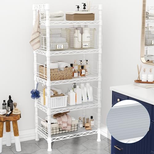 Metal Storage Rack, Storage Organizer Shelves for Kitchen, Bathroom, Living Room, Balcony and Garage, 5 Tiers Narrow Bookshelf, 21.2" W x 9.4" D x 59.2" H, Load 400lbs, White | 5 Tiers Narrow Bookshelf, Storage Rack for Bathroom, Living Room, Balcony and