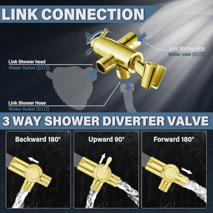 Shower Diverter Valve with Handshower Mount, G1/2 Brass Shower Arm Diverter 3 Way Bathroom Universal Shower System Replacement for Handheld Shower and Fixed Shower Head, Polisded Gold - color: Polished Gold
