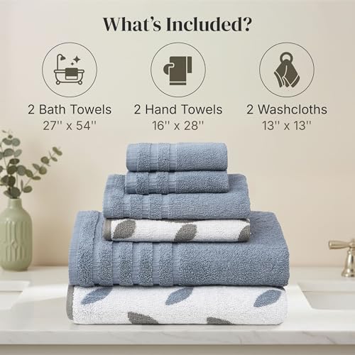 Modern Threads 6 Piece Bath Towel Set – Bathroom Set with 2 Bath Towels, 2 Hand Towels, and 2 Wash Cloths – 100% Cotton, Super Absorbent & Extra Soft – Reversible Natural Vine (Blue) - color: Blue