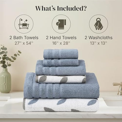 Modern Threads 6 Piece Bath Towel Set – Bathroom Set with 2 Bath Towels, 2 Hand Towels, and 2 Wash Cloths – 100% Cotton, Super Absorbent & Extra Soft – Reversible Natural Vine (Blue) - color: Blue