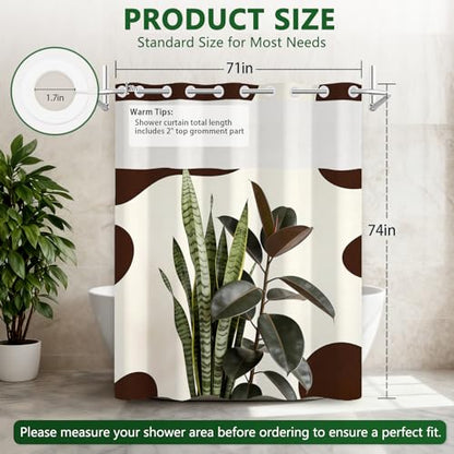 No Hook Waterproof Shower Curtains with Snap in Liner, Modern Minimalist Plant Fabric Shower Curtain with Weighted Hem and Sheer Top Window, Cow Print 3 in 1 Shower Curtain for Home, 71x74 Inches - color: Modern Minimalist Greenery