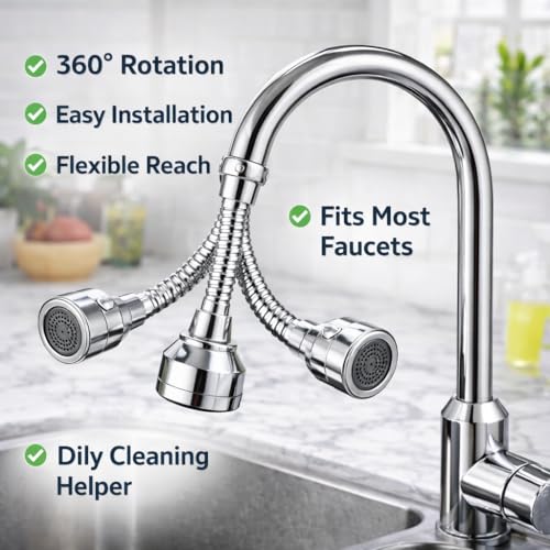 Faucet Extender for Kitchen Sink with Faucet Sprayer Attachment, 360° Rotating Faucet Adapter, Movable Faucet Head for Full Sink Coverage, Fully Adjustable, Quick & Easy Setup