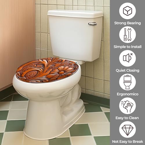 Round Resin Toilet Seat, Quietly Close Quick Release Hinges Cover | Toilet Lid Cover Easy to Clean and Install, Hand Tooled Leather Heavy Duty Toilet Seat - color: pattern4, size: O-shape