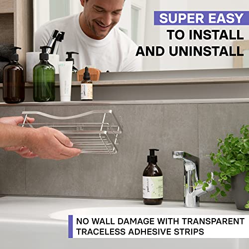 Premium Shower Caddy - Self Adhesive Shower Organizer with 4 Hooks, Rustproof Stainless Steel Shower Rack for Bathroom, Silver