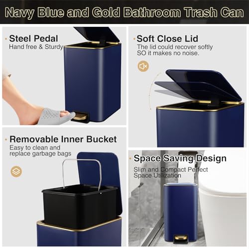 Bathroom Sets with Shower Curtain and Rugs Bathroom Accessories Set Navy Blue Bathroom Set,Soap Dispenser & Toilet Brush Holder Set with Stainless Steel Trash Can(23 PCS) - size: Navy Blue, style: Bath Set+Waffle Shower Curtain+Bath Rugs