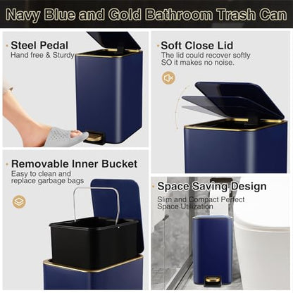 Bathroom Sets with Shower Curtain and Rugs Bathroom Accessories Set Navy Blue Bathroom Set,Soap Dispenser & Toilet Brush Holder Set with Stainless Steel Trash Can(23 PCS) - size: Navy Blue, style: Bath Set+Waffle Shower Curtain+Bath Rugs