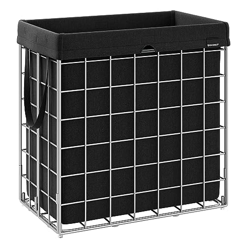 SONGMICS 29 Gal. (110L) Laundry Basket, Laundry Hamper, Collapsible Clothes Hamper, Removable and Washable Liner, Metal Wire Frame, for Bedroom Bathroom, Silver and Classic Black ULCB111B01 - color: Silver + Classic Black, size: 110 L
