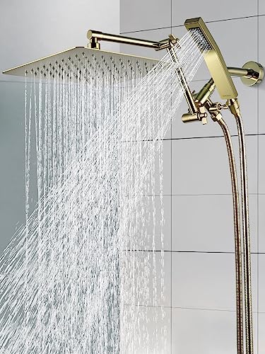 G-Promise All Metal 12 Inches Rainfall Shower Head with Handheld Combo | All Metal, Built to Last, Easy Install, Adjustable Height & Angle for All Heights, Extra Long Hose, Modern Upgrade - color: Polished Brass, size: 12 Inches