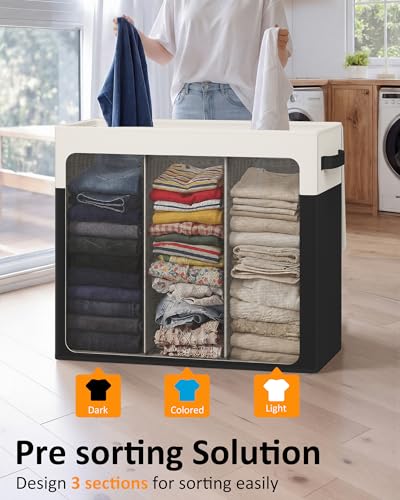 Optish 180L Laundry Hamper 3 Section, Large Laundry Hamper with Lid, Dirty Clothes Hampers with 3 Inner Bags, Laundry Basket Organizer for Bedroom, Bathroom, Hamper 3 Compartment, White & Black - color: White & Black