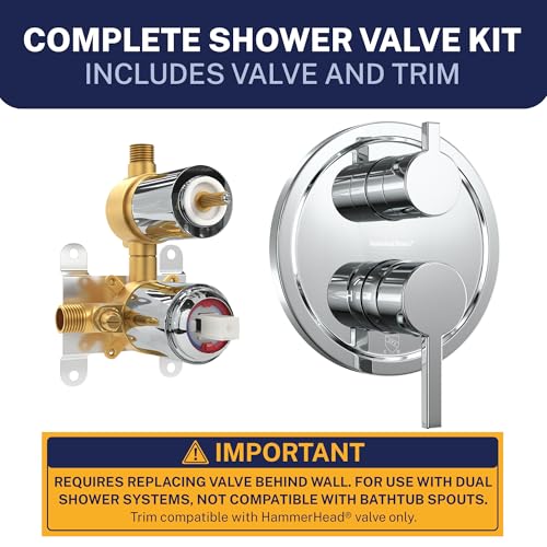 HammerHead Showers Solid Metal Shower Valve and Trim Kit, Two-Handle Volume and Temperature Control with Integrated Diverter, Pressure Balance Rough-In Valve Included, Chrome - color: Chrome
