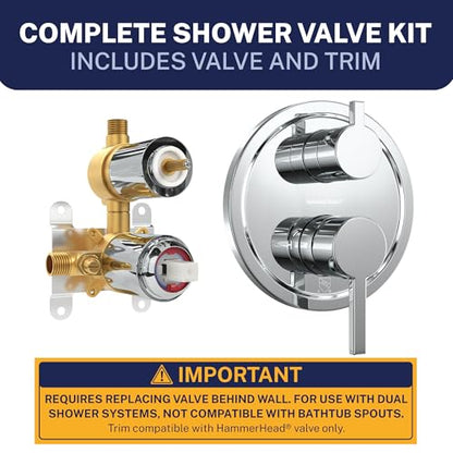 HammerHead Showers Solid Metal Shower Valve and Trim Kit, Two-Handle Volume and Temperature Control with Integrated Diverter, Pressure Balance Rough-In Valve Included, Chrome - color: Chrome