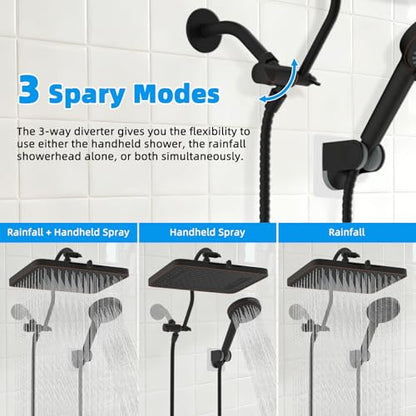 Hibbent 13'' 5-spray Rain Shower Head, 10-Spray Handheld, Oil Rubbed Bronze | cUPC Certified High Pressure Dual Showerhead Combo, Upgraded Rainfall Shower Head, 12'' Extension Arm, 71'' Hose & Holder - color: Oil Rubbed Bronze, style: Square 13''