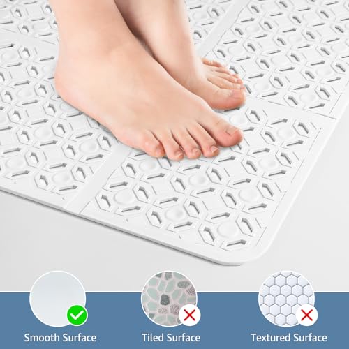 Yolife Square Shower Mat, 27" x 27" Large Shower Mat with Center Drain Hole, Soft TPE Non Slip Shower Mats for Inside Shower with Suction Cups, Anti Slip Washable Shower Floor Mat, White - color: White