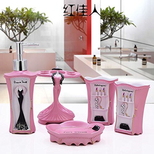 5 Piece Bathroom Accessories Set, Collection Bath Set Features Soap Dispenser, Toothbrush Holder, Tumbler, & Soap Dish (Pink) - size: 5PCS-PINK