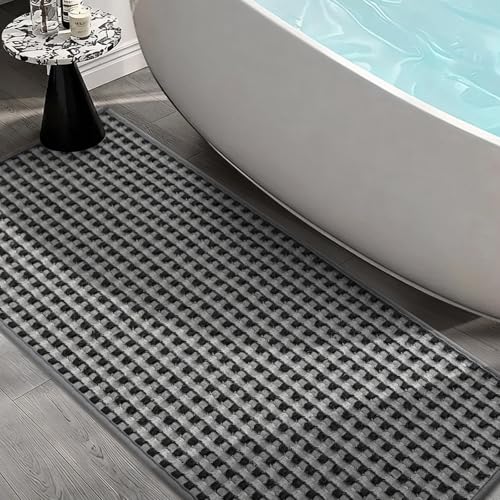 YIHOUSE Bathroom Rugs 16" x 47", Ultra Thin Checkered Weave Bath Mat - Soft Absorbent Quick Dry Bath Mat, Machine Washable Non Slip Bath Rugs for Bathroom, Shower & Tub, Dark Gray Light Gray - color: Dark Gray Light Gray, size: 16"x47"
