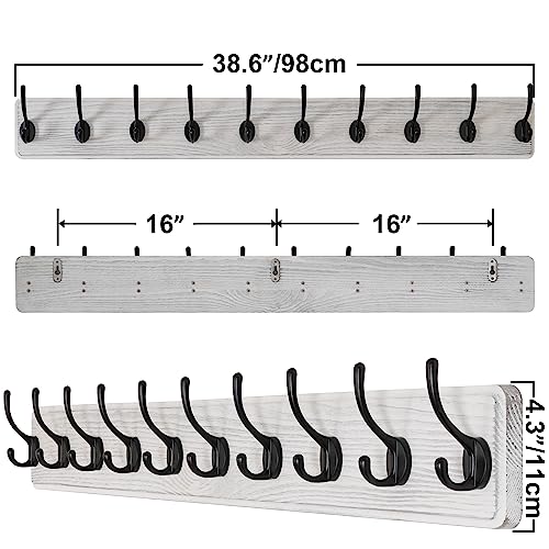 SKOLOO Rustic Wall Mounted Coat Rack, Case of 2, Pine Solid Wood Coat Hook Hanger - 10 Hooks for Hanging Clothes Robes Towels Coats - color: White Plate & Black Hook, size: 2 Item-10 Hooks