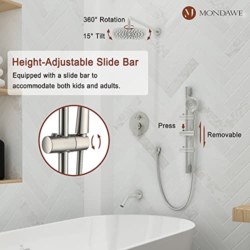 MONDAWE 9 Inch Wall Mounted Shower Faucet Set with Tub Spout in Brushed Nickel, Rainfall Shower Head with 3-Setting Handheld Spray Shower Combo, High Pressure Shower System with Solid Brass Valve - color: Brushed Nickel, style: 9 IN - With Tub Spout