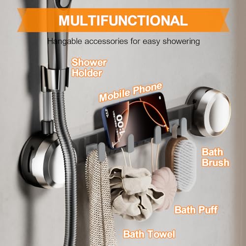 Shower Head Holder Suction Cup with 4 Hanger Hook Wall Mount - No-Drill Strong Adhesive Shower Wand Bracket - Adjustable Handheld Shower Head Mount - 2 in 1 Design - color: Silver