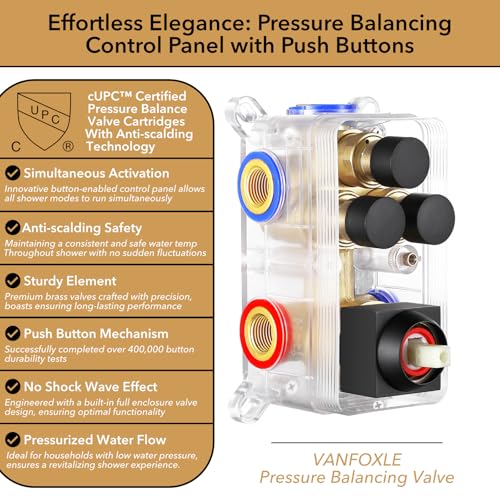 VANFOXLE Shower System Matte Black Shower Faucet Set, Push Button Diverter | 10 inch ceiling mount rain head Increased Thick, 6 inch side head, 2-in-1 handheld sprayer, solid brass valve, rust resistant - color: Matte Black, style: 10"+6" Head