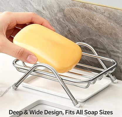 Stainless Steel Soap Dish, Self Draining Soap Holder with Removable Drain Tray, Countertop Metal Soap Saver for Bathroom Kitchen Sink