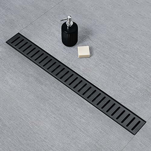 SaniteModar Linear Shower Drain 24 inch Matte Black - Capsule Pattern Grate | AISI 304 Stainless Steel Matte Black Linear Dain Rectangle Shower Floor Drain with Hair Strainer and Leveling Feet - size: 24 inch