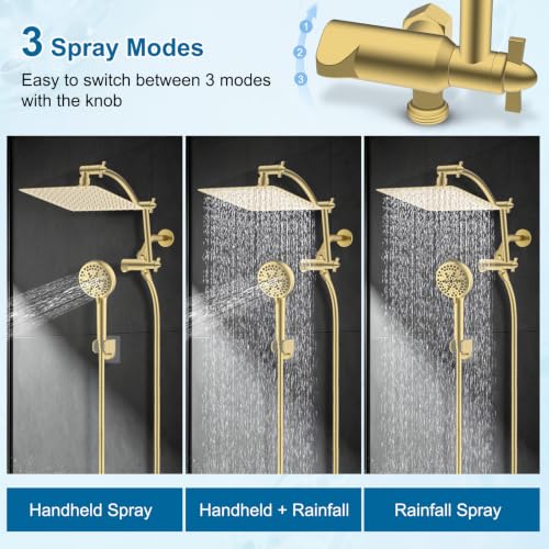 Hibbent Metal 10" High Pressure Rain Shower Head Combo, Brushed Gold | cUPC Certified Rainfall Shower Head with handheld 10 Sprays, 16'' Adjustable Extension Arm, 71'' Hose, Showerhead Holder - color: Brushed Gold, style: Square 10''