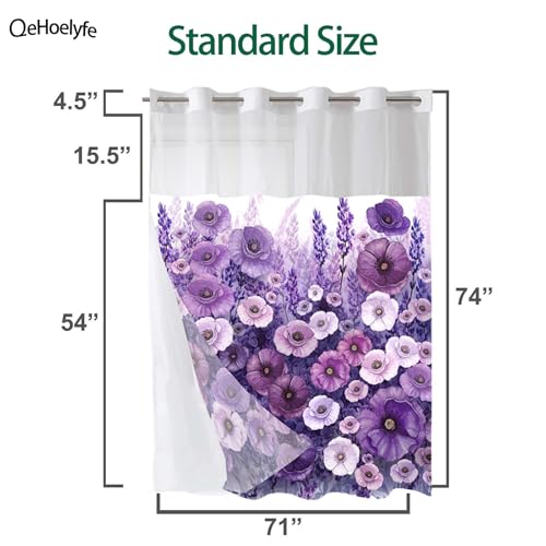 Purple Floral No Hook Shower Curtain with Snap in Liner- Elegant Flowers Oil Painting Shower Curtains for Bathroom- Fabric Inner Liner, Boho Bath Curtains- Machine Washable, 71 x 74 - color: Purple Floral