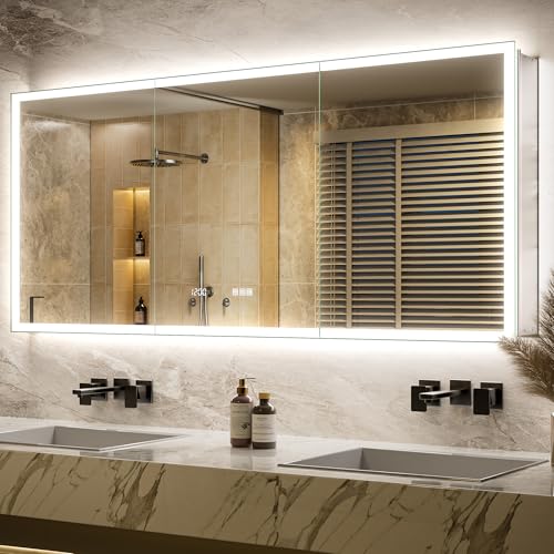72x30 LED Medicine Cabinet Mirror with Double Lights-Front & Backlit, 155°Soft-close Hinge, Surface or Recessed Dimmable Lighted Medicine Cabinet Mirror with Clock Outlet Inner Light,Anti-fog - size: 72x30'' (Cabinet)