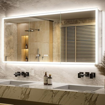 72x30 LED Medicine Cabinet Mirror with Double Lights-Front & Backlit, 155°Soft-close Hinge, Surface or Recessed Dimmable Lighted Medicine Cabinet Mirror with Clock Outlet Inner Light,Anti-fog - size: 72x30'' (Cabinet)