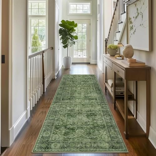 Zeeinx 2x5 Green Vintage Washable Runner Rugs for Hallway Kitchen Bathroom | Boho Hallway Runner Rug Low Pile Non-Slip Soft Long Retro Distressed Throw Rug for Entryway Bathroom Bedroom - color: Green, size: 2'*5'(Runner)