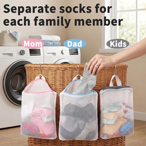 3Pcs Hanging Laundry Bags for Socks with S Hooks, 12 X 10 inch 3 Color Mesh Laundry Bags for Washing Machine