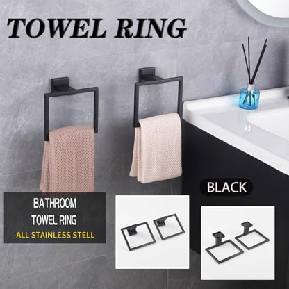 GERZWY Matte Black Bath Towel Ring Bathroom Towel Holder Towel Rack Wall Mounted Stainless Steel Contemporary Style JG1916-2BK - color: Black