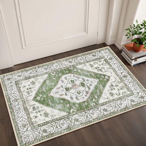 Lahome Boho Indoor Rugs for Entryway - 2x3 Area Rug Non-Slip Backing Washable Inside Door Mats Low-Profile Throw Rugs for Bathroom, Vintage Print Distressed Rug for Kitchen Bedside Adelyn Green - color: Green, size: 2' x 3' (Rectangular)