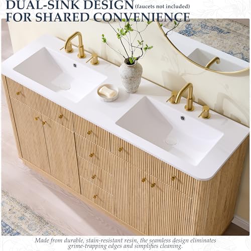 T4TREAM 60" Fluted Bathroom Vanity with Double Sink, Natural Oak | Integrated Resin Sink, 2 Large Storage Cabinets, Adjustable Shelf, 3 Drawers, Three pre-drilled faucet holes, Mid-Century - color: Natural Oak, size: 60" (Bouble Sink)