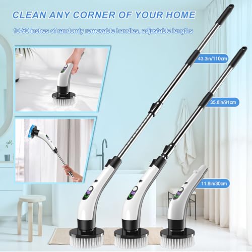Electric Spin Scrubber with Power LCD Display, Cordless Bathroom Cleaning Brush with Adjustable Extension Handle, 400RPM/Mins, 9 Replaceable Brush Heads, IPX7 Waterproof for Shower, Bathtub, Tile - style: Long Handle