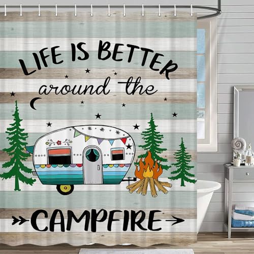 JAWO RV Happy Camper Shower Curtain for Travel Trailer, Farmhouse Style - 60" W x 70" H, Rustic Teal - Hooks Included - color: Brown, size: 60"W x 70"L (Pack of 1)
