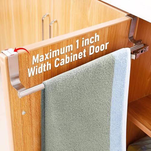 Over Cabinet Towel Bar with Hooks, 14 Inch | Brushed Stainless Steel Over The Door Towels Rack for Home Kitchen Inside Outside Cabinets Doors Hand Dish Towels Washcloths