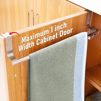 Over Cabinet Towel Bar with Hooks, 14 Inch | Brushed Stainless Steel Over The Door Towels Rack for Home Kitchen Inside Outside Cabinets Doors Hand Dish Towels Washcloths