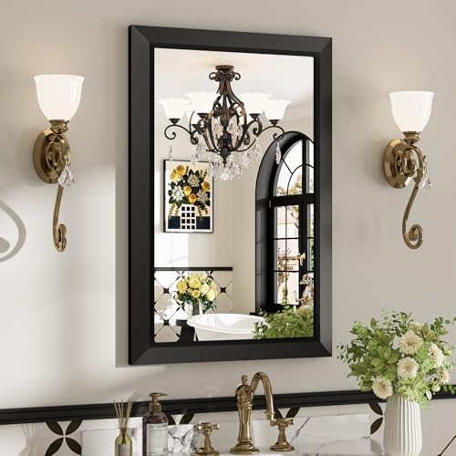 20x30 Inch Black Bathroom Mirror for Wall, Beveled Framed Rectangle Bathroom Vanity Mirrors for Over Sink, Bedroom, Living Room, Entryway, Anti-Rust, HD Tempered Glass, Horizontally/Vertically - size: 20"L x 30"W