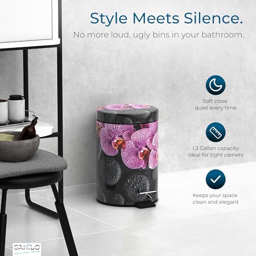 Sanilo Small Bathroom Trash Can with Lid [1.3 Gallon] - Lidded Tiny Trashcan for Garbage - Mini Metal Bin with Soft Closing Mechanism - Bath Room Accessoire Wastebin with Inner Bucket (Madeira) - color: Madeira