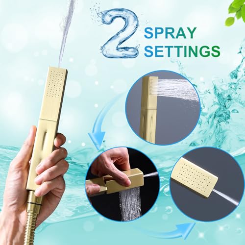 Digital Display Shower Faucet Set Brushed Gold Dual Heads LED Shower System | 14X20" LED Ceiling Shower with Light Remote & 6" Wall Mounted Shower Head & Dual Function Handheld Shower - color: Brushed Gold