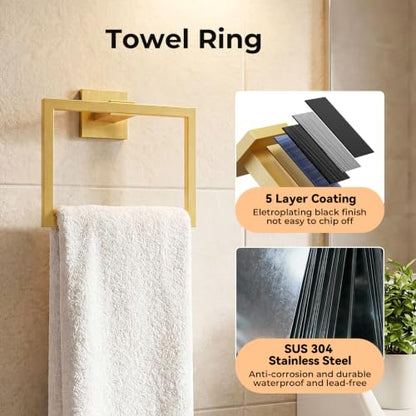 5-Piece Bathroom Hardware Set, 23.6 Inch Towel Bar Set SUS304 Stainless Steel Towel Racks for Bathroom Round Towel Bar, Towel Ring, Toilet Paper Holder, 2 Robe Hooks, Wall Mounted (Brushed Gold) - color: Brushed Gold, size: 5 pack